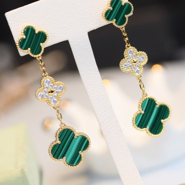 [vivabelle]CLOVER EARRINGS GOLD MALACHITE DIAMOND 3 MOTIF