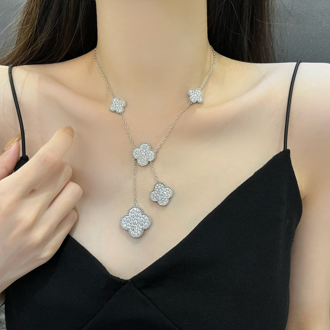 [vivabelle]CLOVER 5 MOTIFS SILVER DIAMONDS NECKLACE