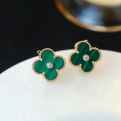 [vivabelle]CLOVER MEDIUM 1 MOTIFS MALACHITE DIAMOND EARRINGS