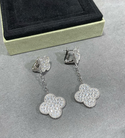 [vivabelle]CLOVER 2 MOTIFS DIAMOND PAVED SILVER EARRINGS