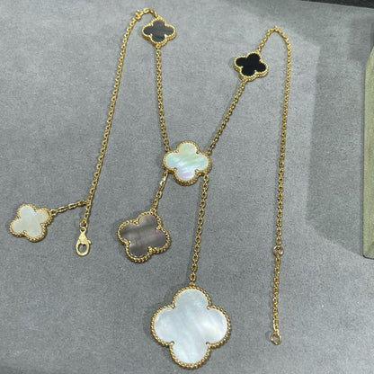 [vivabelle]CLOVER 6 MOTIF MOP ONYX GOLD NECKLACE