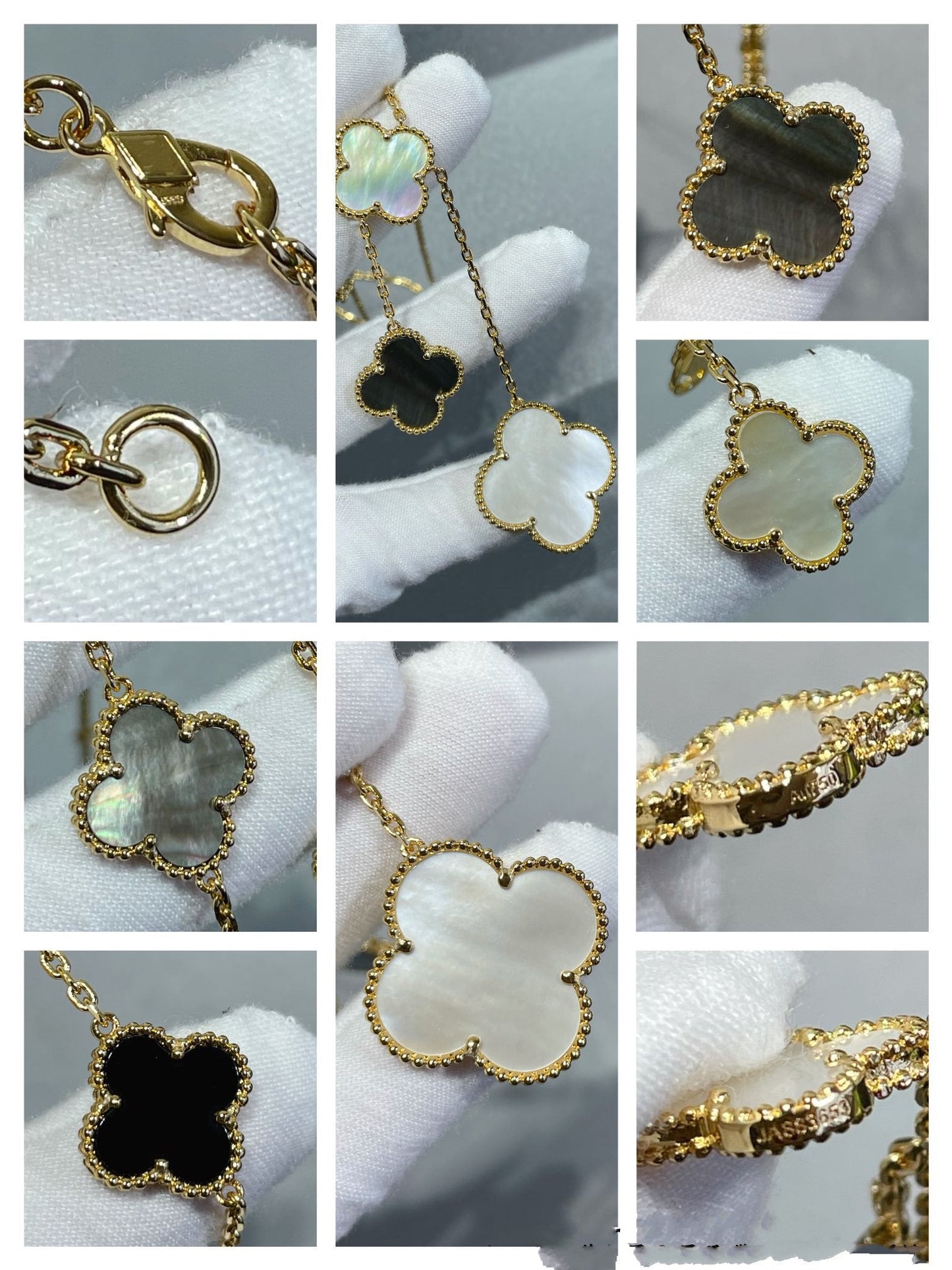 [vivabelle]CLOVER 6 MOTIF MOP ONYX GOLD NECKLACE