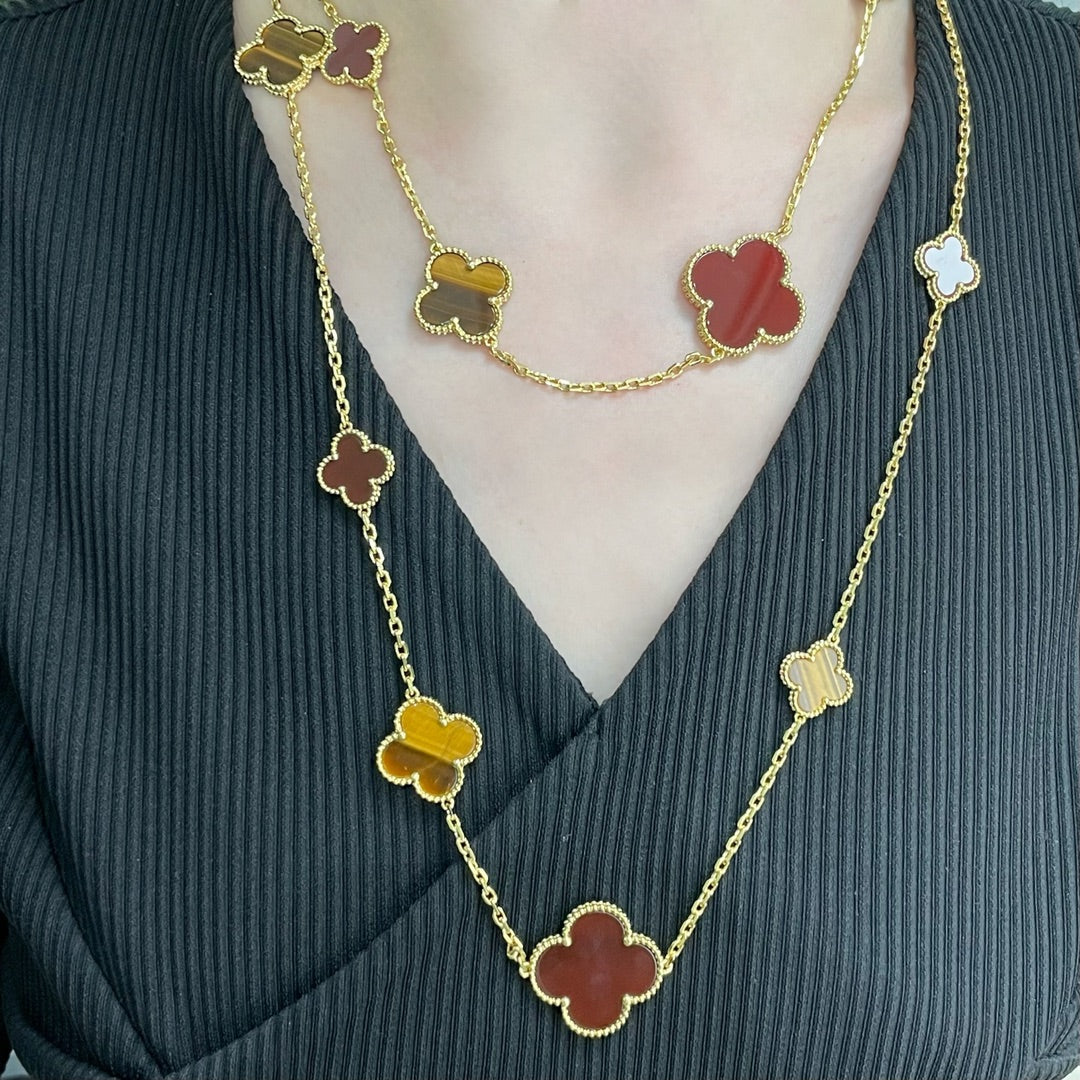 [vivabelle]CLOVER 16 MOTIF CARNELIAN TIGER EYE ROSE GOLD NECKLACE