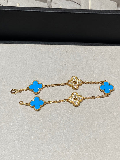 [vivabelle]CLOVER 5 MOTIF BLUE CHALCEDONY DIAMOND GOLD BRACELET