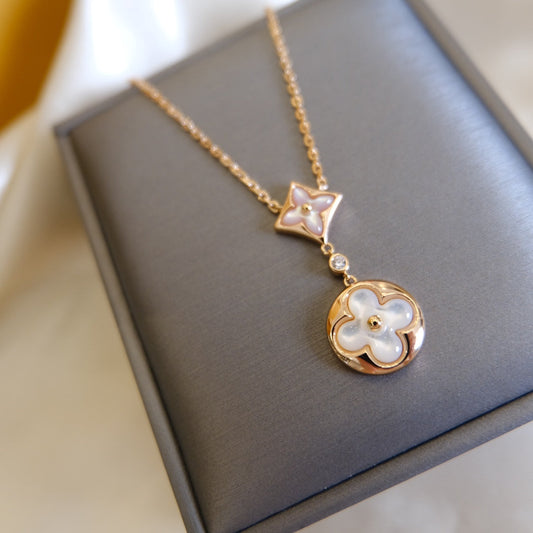 [vivabelle]STAR AND SUN WHITE MOP 2 MOTIF PINK GOLD NECKLACE