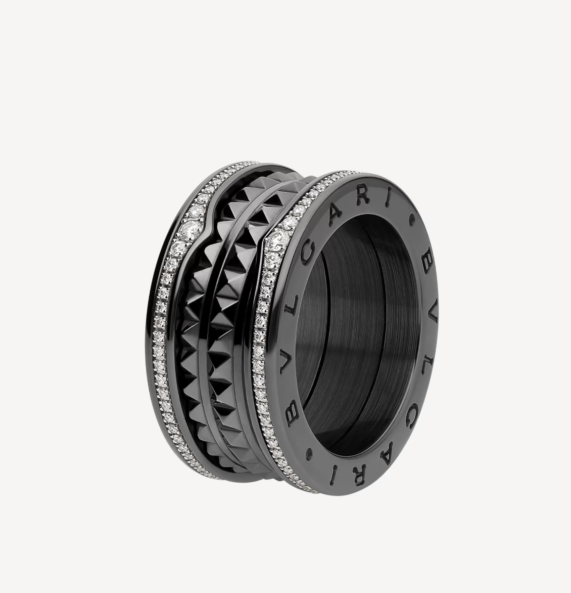 [vivabelle]ZERO 1 ROCK FOUR-BAND BLACK CERAMIC WITH STUDDED SPIRAL AND PAVED DIAMONDS RING
