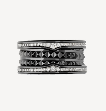 [vivabelle]ZERO 1 ROCK FOUR-BAND BLACK CERAMIC WITH STUDDED SPIRAL AND PAVED DIAMONDS RING