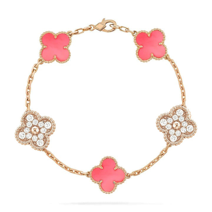 [vivabelle]CLOVER 5 MOTIF DIAMOND PINK MOP PINK GOLD BRACELET