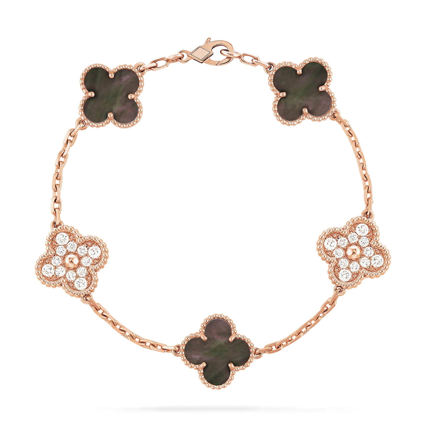 [vivabelle]CLOVER 5 MOTIFS DARK MOP AND DIAMONDS PINK GOLD BRACELET