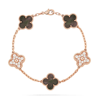 [vivabelle]CLOVER 5 MOTIFS DARK MOP AND DIAMONDS PINK GOLD BRACELET