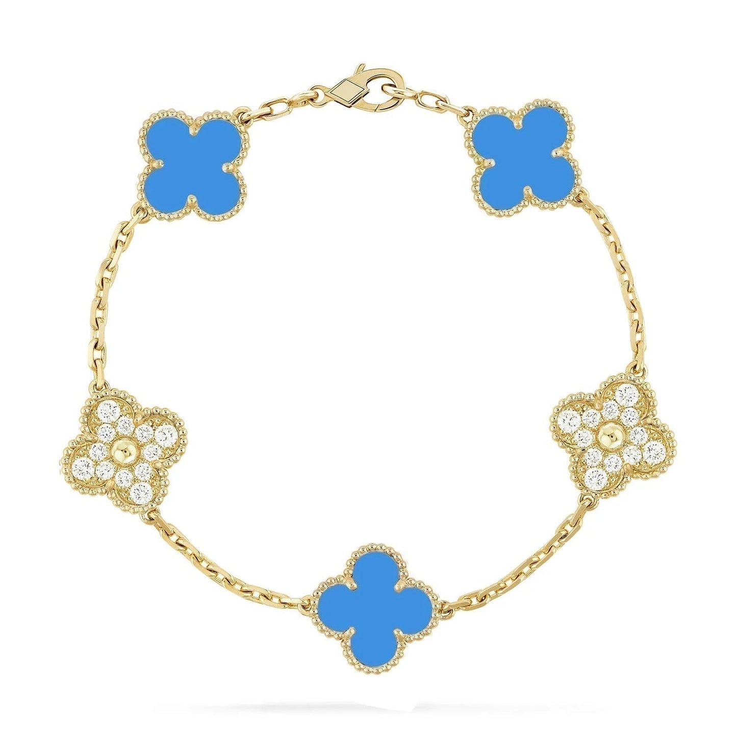 [vivabelle]CLOVER 5 MOTIF BLUE CHALCEDONY DIAMOND GOLD BRACELET