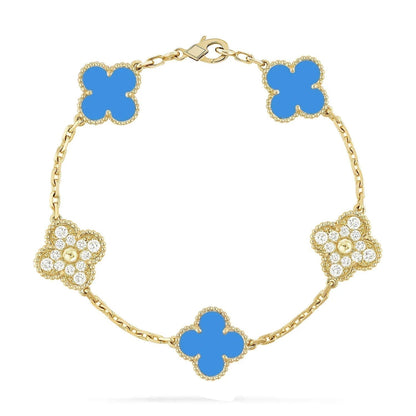 [vivabelle]CLOVER 5 MOTIF BLUE CHALCEDONY DIAMOND GOLD BRACELET