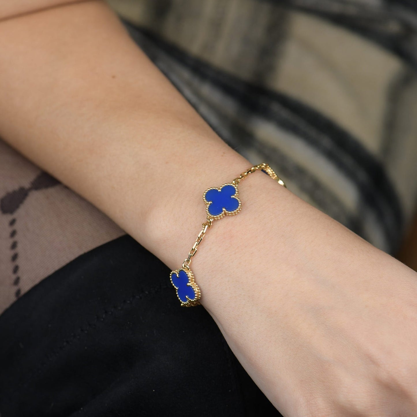 [vivabelle]CLOVER 5 MOTIFS BLUE AGATE BRACELET