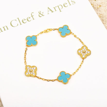 [vivabelle]CLOVER 5 MOTIF TURQUOISE DIAMOND GOLD BRACELET