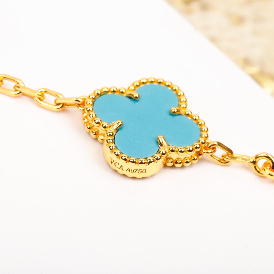 [vivabelle]CLOVER 5 MOTIF TURQUOISE DIAMOND GOLD BRACELET