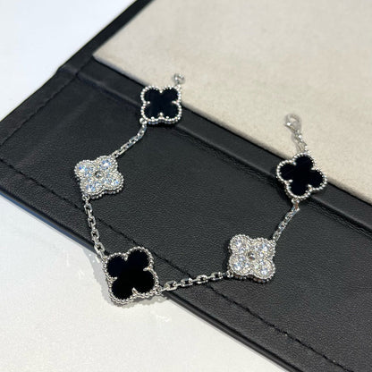 [vivabelle]CLOVER 5 MOTIF ONYXS DIAMOND BRACELET SILVER