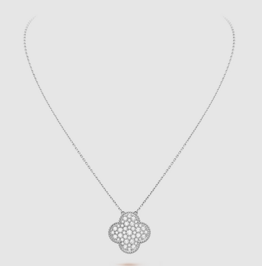 [vivabelle]CLOVER 25MM LARGE PENDANT DIAMOND PAVED SILVER NECKLACE