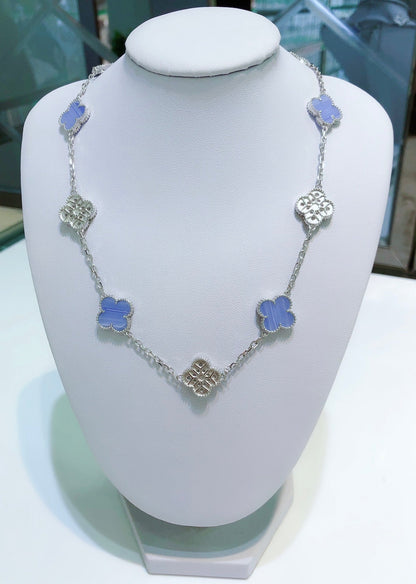 [vivabelle]CLOVER 10 MOTIFS CHALCEDONY DIAMONDS SILVER NECKLACE